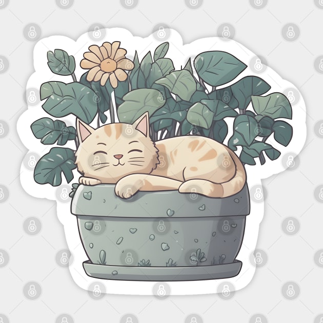 Cute Sleeping Kawaii Cat in Plant Pot Sticker by LisaHartjesx